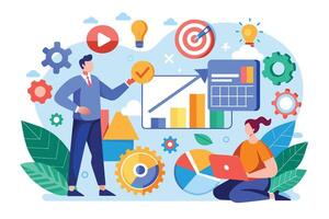 A cartoon illustration of two business people working together, analyzing charts, graphs, and data. The image suggests a team effort in developing strategy and achieving goals. vector