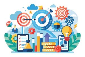 An illustration showing business strategy concepts including target, gears, and mobile phones, depicting goals, process, and technology. vector