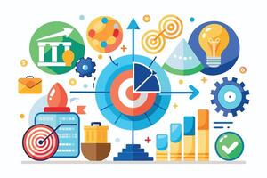 An illustration depicting various colorful symbols representing business strategy and success. vector