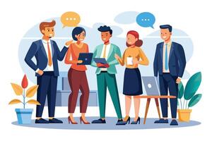 Business professionals in modern office, dressed in business attire, using technology to collaborate and communicate. vector