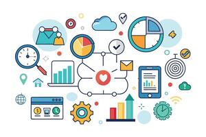 An illustration displaying a digital marketing strategy with icons for time management, data analysis, customer engagement, and goal setting. vector