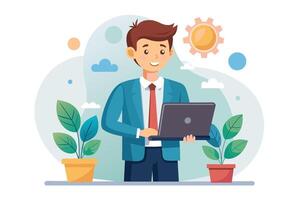 A cartoon illustration of a businessman in a suit, standing at a desk with a laptop in his hands, smiling, with potted plants in the foreground and clouds and sun in the background. vector