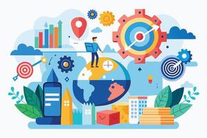 A colorful illustration depicting a business strategy with a man standing on a globe, surrounded by gears, targets, and other business-related icons. vector