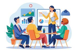 A team of four people, including a woman presenting, sit around a table with a whiteboard showing a pie chart and other graphs. vector