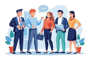 A group of diverse business professionals stand in an office setting, engaging in a conversation and collaborating on work. vector