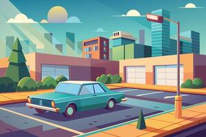 A blue car parked on a city street at sunset in front of a building with garage doors. Several buildings and a tree in the background, with a warm glow from the setting sun. vector