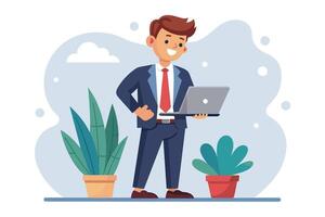 A smiling businessman stands with his hand on his hip, holding a laptop in front of him in a modern office setting. There are two plants in the background. vector