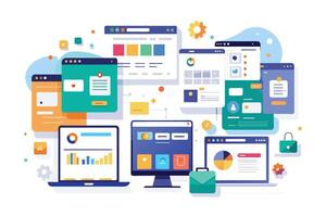 A vibrant illustration shows open web browsers on desktops and laptops with various content like charts, graphs, and text, representing online activities. vector