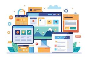 A flat design illustration depicting various website designs, showcasing different layouts, features, and functionalities. vector