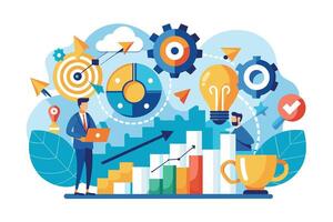 Illustration of businessmen working together with charts and graphs to achieve business goals and increase profits. vector