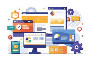A illustration depicting various devices with graphs, charts, and web pages, representing online business analytics and website data. vector