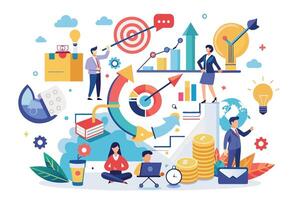 An illustration of a diverse team of professionals collaborating on goals. Highlights include planning, strategy, innovation, and financial success. vector