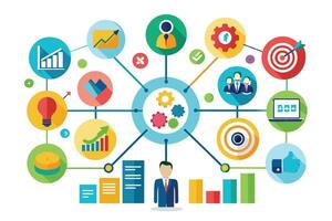 A colorful diagram depicting business strategy and growth with interconnected icons representing various elements like goals, teamwork, and data analysis. vector