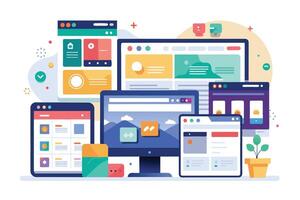A modern illustration featuring multiple colorful websites displayed on different devices, including a desktop computer, tablet, and smartphone. vector