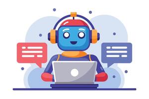 A happy cartoon robot wearing headphones sits at a desk in front of a laptop, ready to help with customer service inquiries. vector
