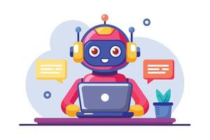 An illustration of a friendly robot using a laptop with chat bubbles, suggesting communication or customer service. vector