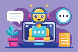 A cheerful robot with antennas and a blue shirt is on a laptop screen, providing customer service. There are speech bubbles with text, indicating conversation and support. vector
