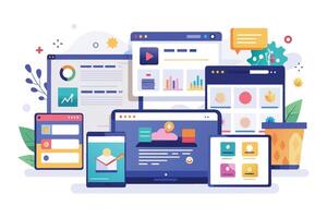 A colorful illustration showcasing a variety of web pages displayed on different devices, including a laptop, smartphone, and tablet. vector
