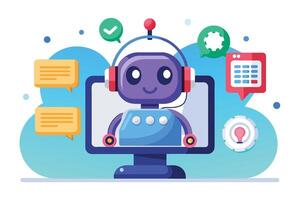 A friendly cartoon chatbot with headphones is shown on a computer screen, ready to assist users with their questions and requests. vector