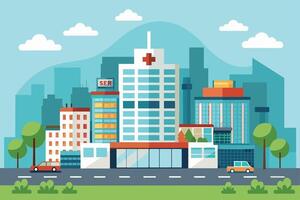A illustration depicting a city scene with a large hospital building at the center, featuring a red cross on its facade. Other buildings and cars are also included in the background. vector