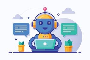 An illustration of a blue robot with a headset and a friendly smile, using a laptop and engaging in a conversation through chat bubbles. vector