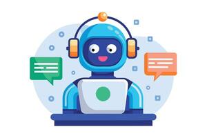 A cartoon robot, with blue skin and orange headphones, is smiling as it sits at a desk using a laptop computer. Two chat bubbles float nearby, one green and one orange. vector