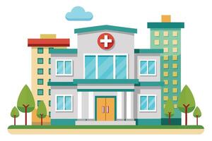 A flat illustration of a modern hospital building with a red cross sign, green trees in front, and a tall building to the right. vector