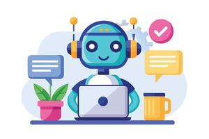 A smiling blue robot at a desk with a laptop, headphones, potted plant, and coffee mug. Speech bubbles show text, indicating success. vector