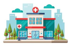 A modern, flat-style illustration of a hospital building in a city setting. The building features a red cross sign, large windows, and green trees. vector