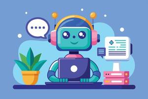 A friendly cartoon robot sits at a desk using a laptop with a cheerful expression, wearing headphones, and ready to assist. vector