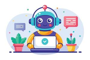 A happy cartoon robot in headphones sits at a desk with laptop, plants on each side, and chat bubbles above its head. vector