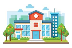 Illustration of a hospital building with a red cross symbol on the roof, located in a city setting with trees and a tall building. vector