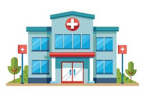 A cartoon-style illustration of a modern hospital building featuring a red cross symbol, double doors, and trees. vector