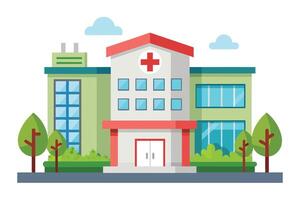 A modern hospital building in light green and white with a red cross symbol above the entrance, flanked by two large trees. vector
