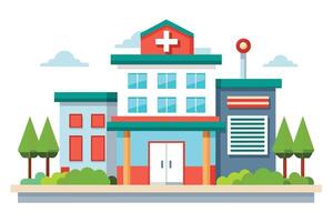 A colorful cartoon illustration of a modern hospital building with a red cross on top, surrounded by trees and greenery. vector