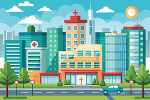 A cartoon illustration of a cityscape with a hospital building in the center. The hospital has a large cross on the front of the building. vector
