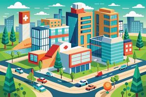An isometric illustration of a city block featuring a large hospital building complex. The illustration includes various buildings, cars, and trees. vector