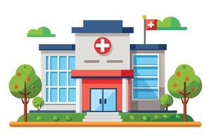 A colorful illustration depicting a modern hospital building with a red roof and a large white cross on the front. The building is surrounded by green trees and a flag with a red cross. vector