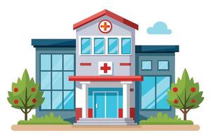 A cartoon illustration of a modern hospital building with a red cross symbol, large windows, and trees in front. vector