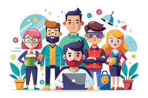 A cartoon illustration depicting a group of diverse characters working together in a modern office setting. The characters are all smiling and seem to be collaborating on a project. vector