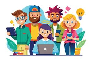 An illustration of four young professionals working together on a project. They are using a laptop, tablet, and mobile phones to communicate and collaborate. vector