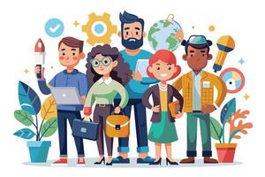 An illustration depicting a diverse team of professionals working together on a project. They are all smiling and appear to be collaborating effectively. vector