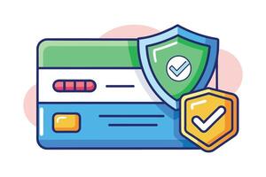 Cartoon illustration depicting a digital credit card with a checkmark shield, signifying secure payment and data protection. vector