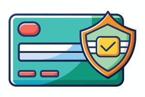 An illustration of a credit card with a shield and a checkmark, symbolizing secure online payments and transactions. vector