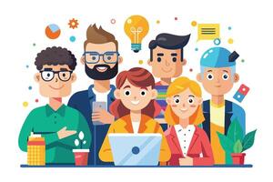 An illustration of a group of six diverse people working together on a project. They are all smiling and appear to be collaborating effectively. vector