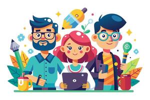 Three cartoon characters, two males and one female, are working together on a project. They are all smiling and appear to be enjoying their work. vector