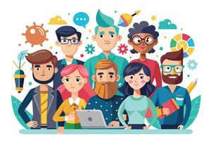 An illustration of a diverse team of professionals working together on a project. They are all smiling and appear to be happy and productive. vector