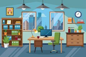 A cartoon illustration of a modern office interior with a desk, computer, chair, bookshelf, and city view from the window. vector