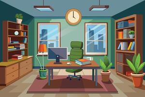This cartoon image shows a modern home office with a desk, computer, chair, bookshelves, and plants. It has large windows overlooking a city skyline. vector