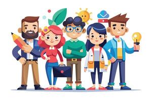 Cartoon shows diverse professionals happily collaborating on creative project. Smiles indicate positive teamwork. vector
